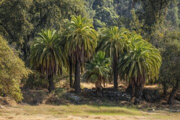 Obraz premium Palm trees cluster in a sunlit forest clearing