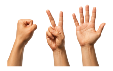 Back side view of rock, scissors, and paper hand gestures on.