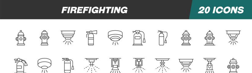 Collection of Icons of Firefighting for Shops and Stores. Suitable for books, stores, shops. Editable stroke in minimalistic outline style. Symbol for design