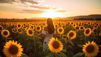 Woman Standing In Sunflower Field Backlit By Golden Sunset Sunlight With White Dress