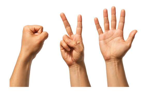 Back side view of rock, scissors, and paper hand gestures on.