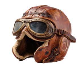 Vintage brown leather aviator helmet with goggles