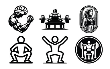 Vector art of fitness and health icons showcasing a flexing arm with a brain, weightlifting, squatting figures, and a woman in athletic attire, symbolizing mental and physical strength and wellbeing
