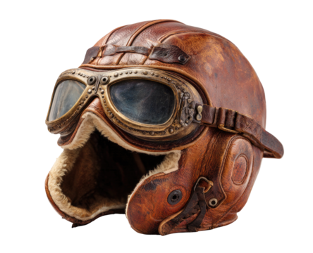 Vintage brown leather aviator helmet with goggles