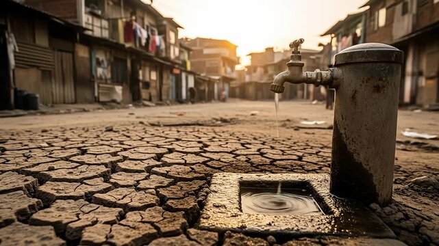 Cracked Earth.
A cracked, parched earth landscape with a dripping water tap in a distant, arid village
