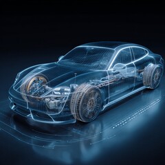 Naklejka premium A futuristic car design rendered in sleek lines and digital detail, showcasing innovative engineering and automotive design.