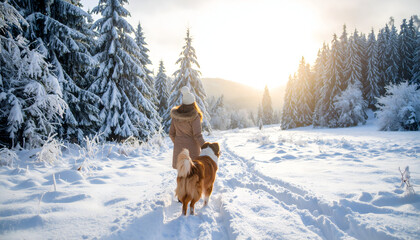Woman Walking Dog On Snowy Path Through Winter Forest With Bright Sunlight And Frozen Trees