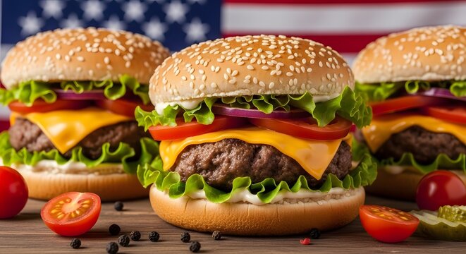 Three delicious cheeseburgers with american flag in background
