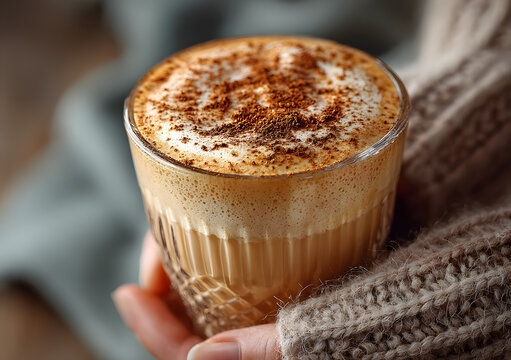 Close-up of hand holding pumpkin spice latte in glass cup on wooden background