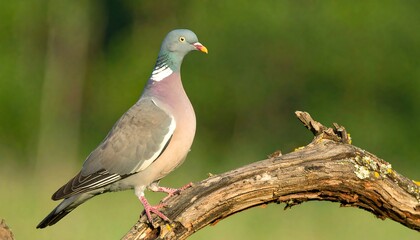 Wood Pigeon Perched on a Mossy Branch Against a Soft Green Background