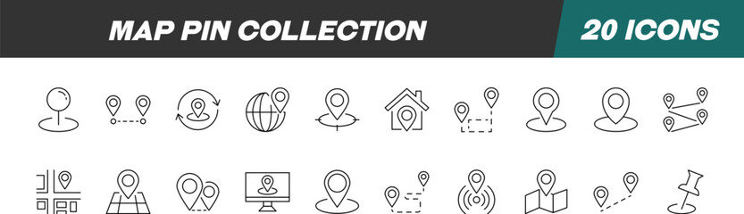 Collection of Line Icons of Map Pin. Suitable for books, stores, shops. Editable stroke in minimalistic outline style. Symbol for design