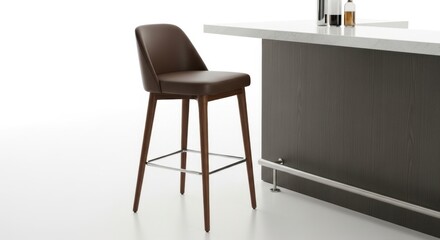 Stylish brown leather bar stool with dark wood legs at a modern bar