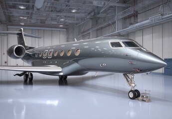 Naklejka premium Dark gray private jet in hangar
