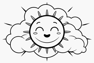 Happy cartoon sun emerging from clouds with rays