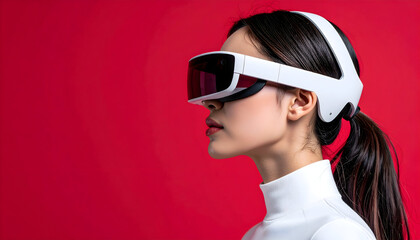 Woman Wearing White And Red Virtual Reality Headset Against Red Background Profile View
