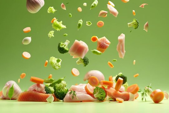 veggies and pieces of chicken and salmon falling down on a light green background, it looks fresh