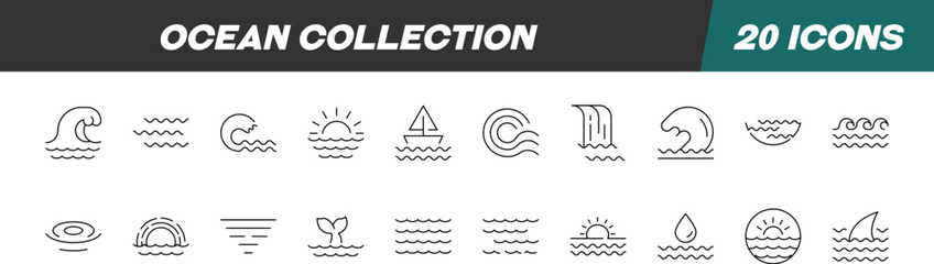 Collection of Line Icons of Sea, Ocean, Marine for Adverts. Suitable for books, stores, shops. Editable stroke in minimalistic outline style. Symbol for design