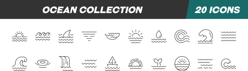 Collection of Signs of Sea, Ocean, Marine. Suitable for books, stores, shops. Editable stroke in minimalistic outline style. Symbol for design