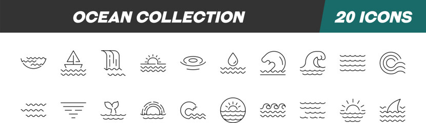 Collection of Line Signs of Sea, Ocean, Marine. Suitable for books, stores, shops. Editable stroke in minimalistic outline style. Symbol for design