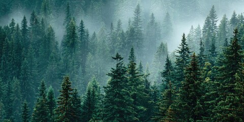 Obraz premium Dense forest canopy, misty mountaintops