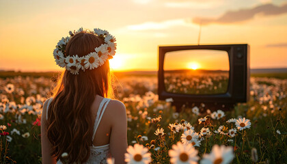 Woman with Daisy Crown Watching Sunset Reflected in Vintage Television in Flower Field