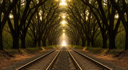 Fototapeta premium Morning light illuminates the steel railway tracks, a path stretching through a forest landscape