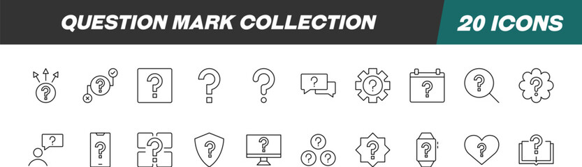 Collection of Icons of Question Mark. Suitable for books, stores, shops. Editable stroke in minimalistic outline style. Symbol for design