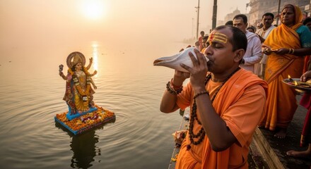 Hindu priest blows conch shell near idol during religious ceremony