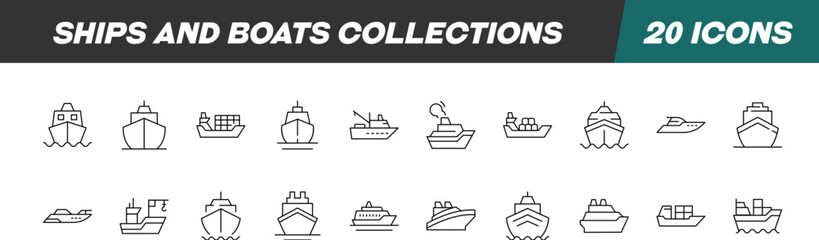 Collection of Line Icons of Ships. Suitable for books, stores, shops. Editable stroke in minimalistic outline style. Symbol for design