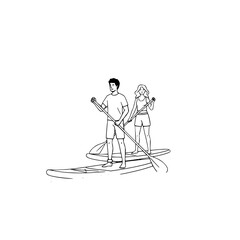 A couple paddle boarding together on a bright white background with paddles in their hands and boards afloat