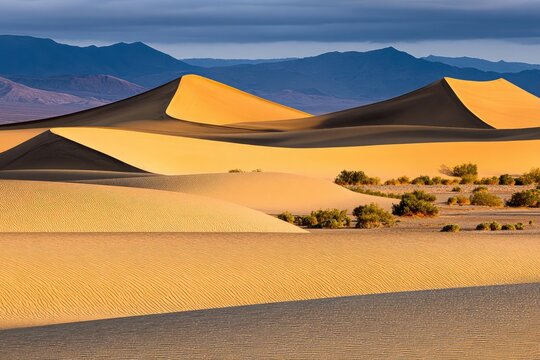 Golden desert dunes under a dramatic sky - Powered by Adobe