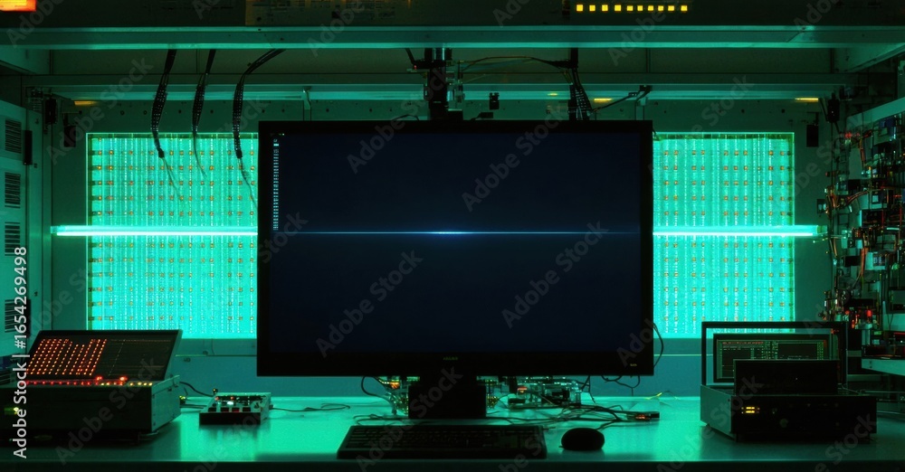 Poster dark server room. monitors display data streams. complex wiring, glowing lights create futuristic am