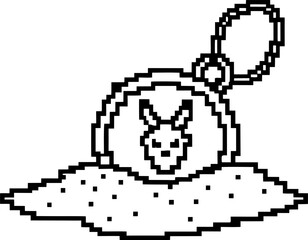 Obraz premium Pixel art easter egg with rabbit face keychain on sand retro digital style, holiday symbol, minimal black and white illustration