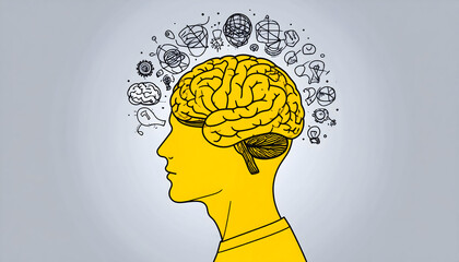 Yellow Silhouette Head Profile Showing Brain Outline Representing Thought Process Against Gray Gradient Background