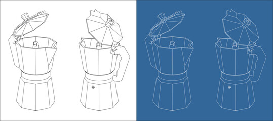 Moka pot coffee maker blueprint front side perspective