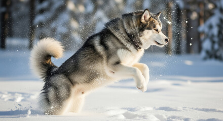 Naklejka premium Alaskan Malamute jumping playfully in the snow, snowflakes frozen mid-air, high dynamic range lighting