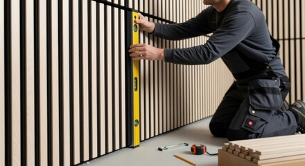 Worker using a level while placing acoustic slat panels ensuring perfect vertical alignment in soundisolated space.