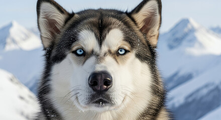 close-up portrait of an Alaskan Malamute with icy blue eyes, detailed fur texture, and snowy mountain background