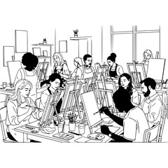 Line drawing of a group of people in an art class painting on canvases with easels in a studio setting
