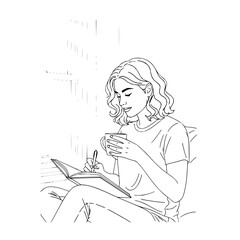 Woman with wavy hair writing in a notebook while holding a cup of coffee in a line art style