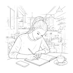 Girl with ponytail writing in a notebook at a cafe with a cup of coffee and a phone on the table