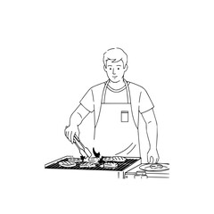 Man in apron grilling meat on a barbecue with tongs in a simple black and white line drawing style