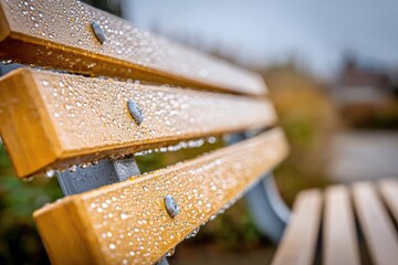 Close-up of a wooden park bench covered in water droplets