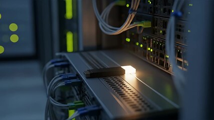 Server racks with cables and glowing indicator lights in a data center environment - Powered by Adobe