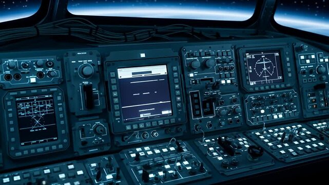 A complex control panel inside a futuristic spacecraft facing earth's atmosphere