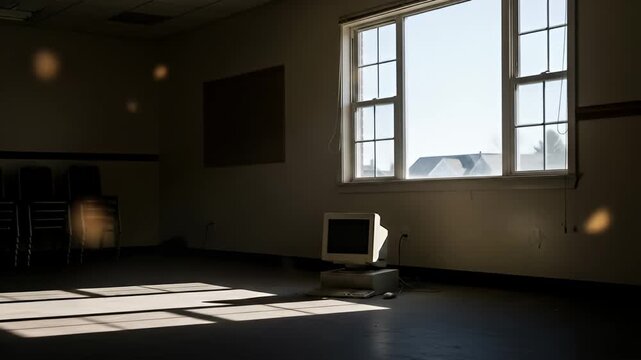 Sunlight streams into a room with a desktop computer and stacks of chairs