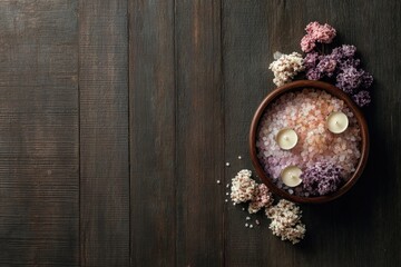 Spa-like arrangement on a dark wooden surface