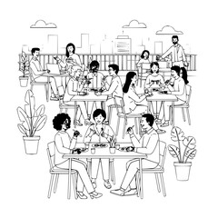 Line drawing of people dining on a rooftop terrace with city skyline and potted plants visible in background