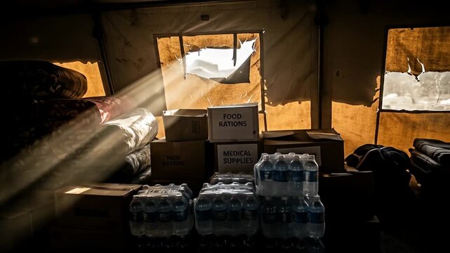 A tent interior illuminated by sunlight, packed with supplies water, blankets, and rations