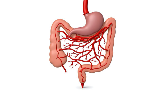 Anatomy & Physiology A 3D diagram of gastrointestinal blood supply, isolated on white, showing celiac trunk, superior and inferior mesenteric arteries for surgery (4)
